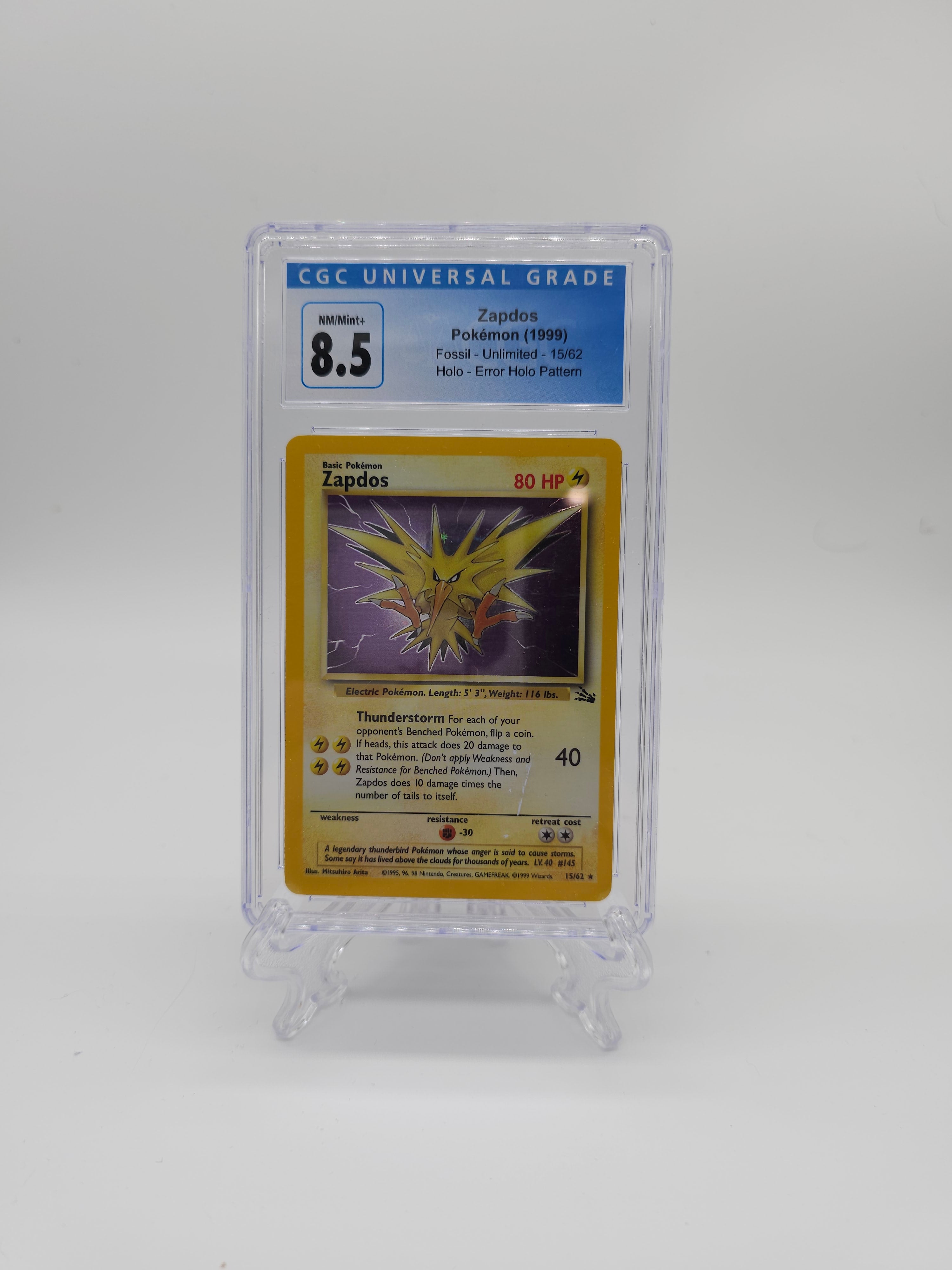 Zapdos 1999 Fossil Holo #15 CGC NM/Mint+ 8.5 (Foil Error) Level Up! Zapdos 1999 Fossil Holo #15 CGC NM/Mint+ 8.5 (Foil Error) Level Up!